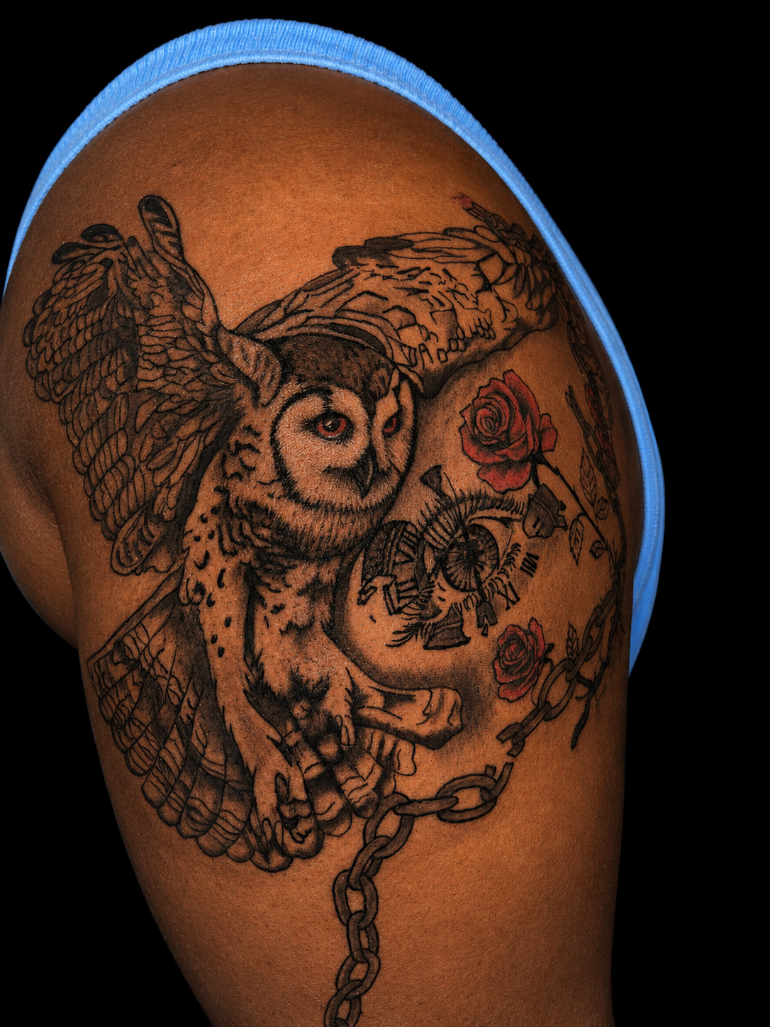 Night Owl — Realism tattoo on arm
