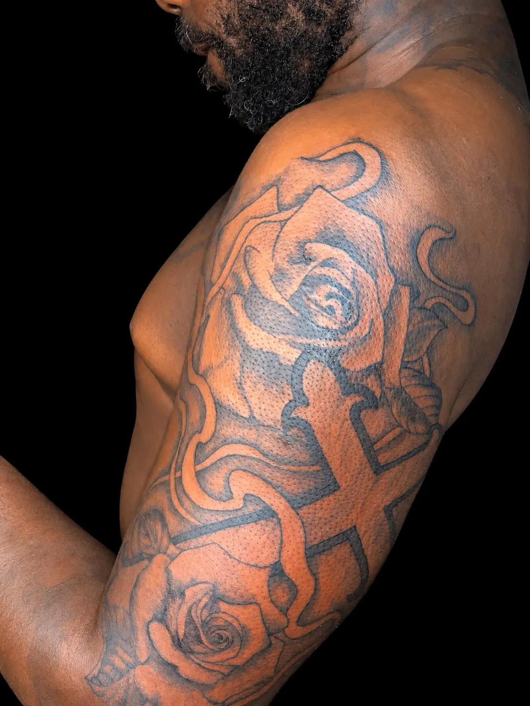 Cross & Rose — Custom tattoo on arm